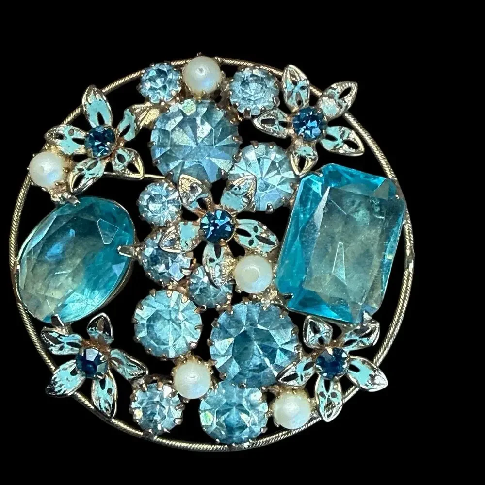 Vintage Weiss Blue Glass Rhinestone Forget Me Not Enamel Floral Brooch